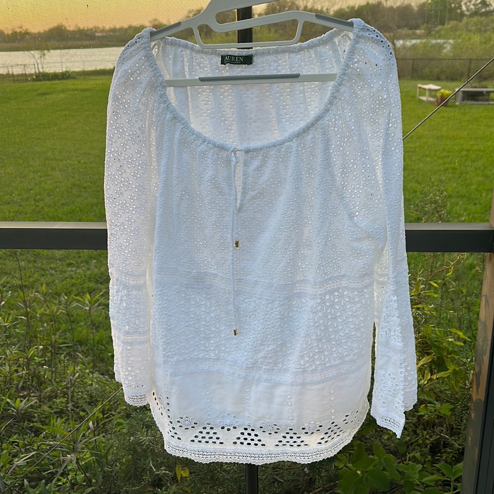 Lauren Ralph Lauren Eyelet Lace Large White Wide Keyhole Neck Bell Sleeve Lined